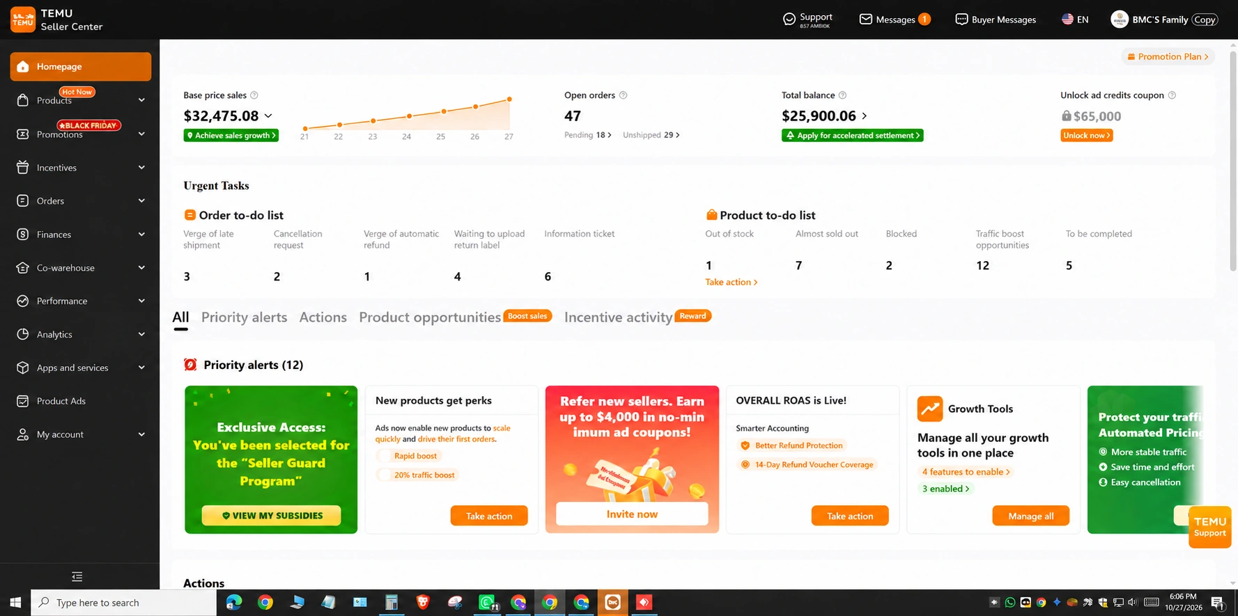 Temu Seller Center sales, orders and seller tasks image supplied for illustration; not verified EcomTrades client results