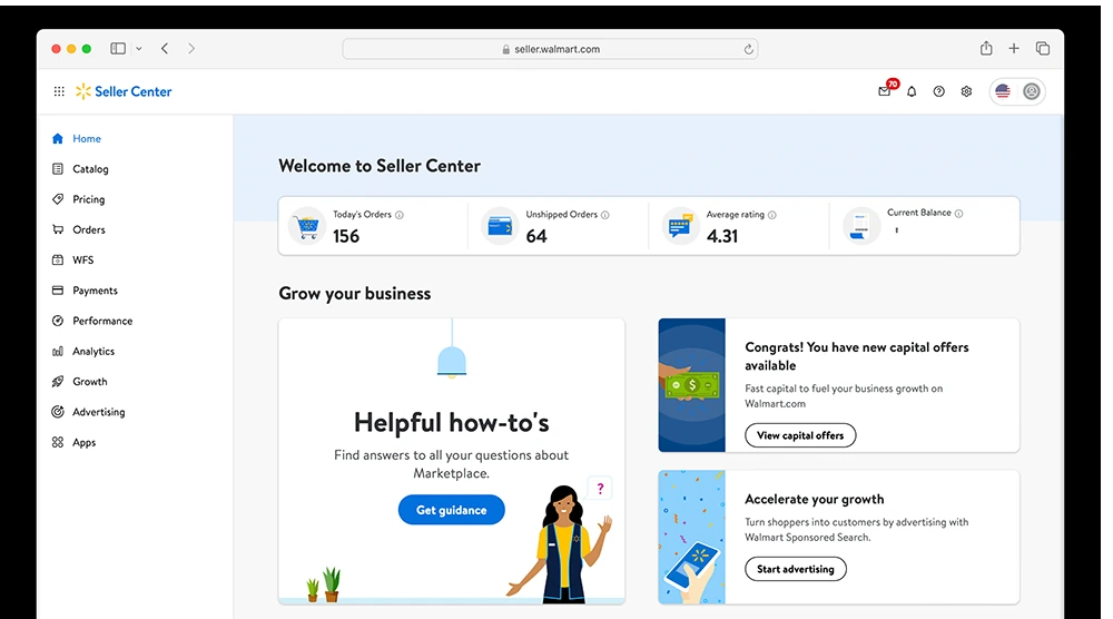 Walmart Seller Center public interface screenshot published by Walmart Marketplace; example data, not EcomTrades client results
